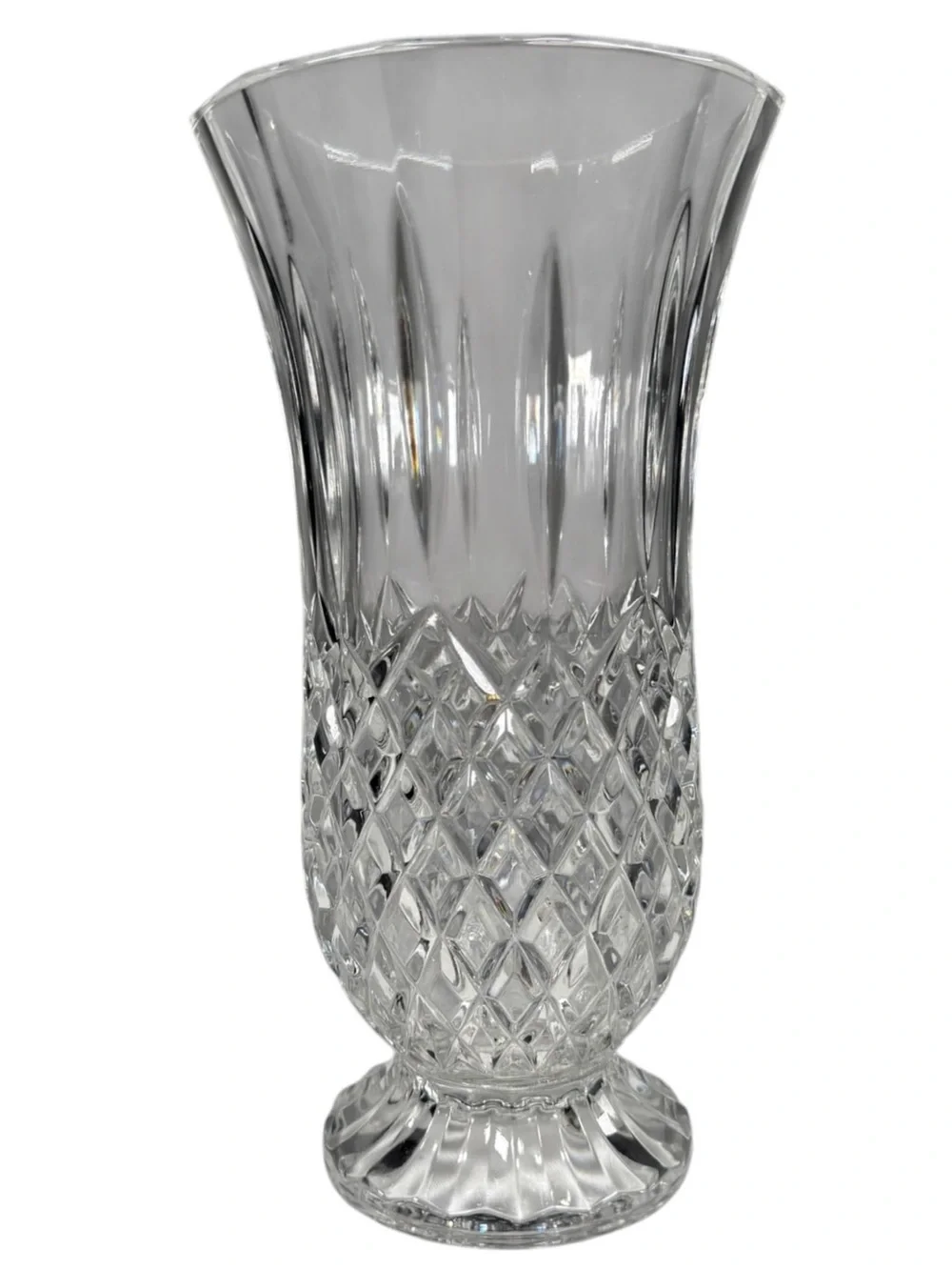 Vintage 12” Crystal Vase Clear Cut Glass Flared Pedestal Diamond Pattern